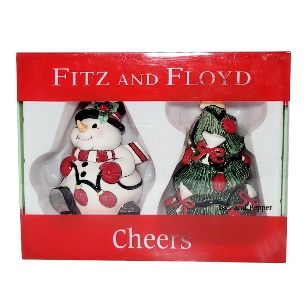 2006 Fitz and Floyd Salt and Pepper Shakers CHEERS Snowman & Christmas Tree